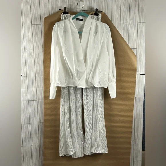 Clothes White Top with Sequined Slacks - Picture 2 of 11